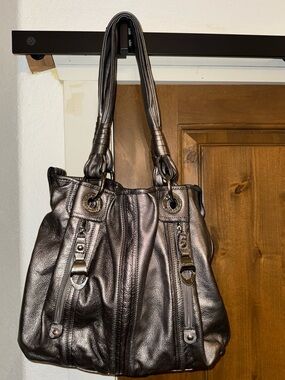 Makowsky Silver Metallic Leather Hobo Shoulder Bag Purse Leopard Lining VTG